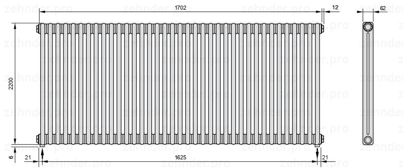 Схема (чертеж) Радиатор Zehnder Charleston 2220/37 №3570 Белый глянцевый RAL 9016